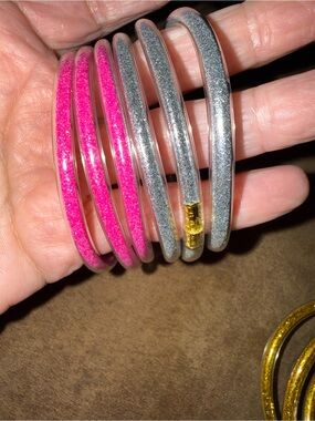 Glitter Pink & Silver Stackable Bangle Bracelet Set - Women Jewelry